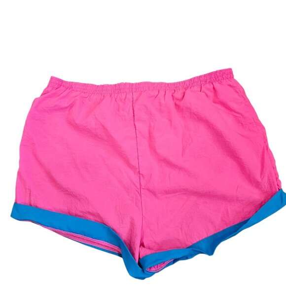 80s Mens Neon Pink Swim Trunks REALLY SHORT Liner Stretched Sz L 36 to 41" Waist - Picture 2 of 8